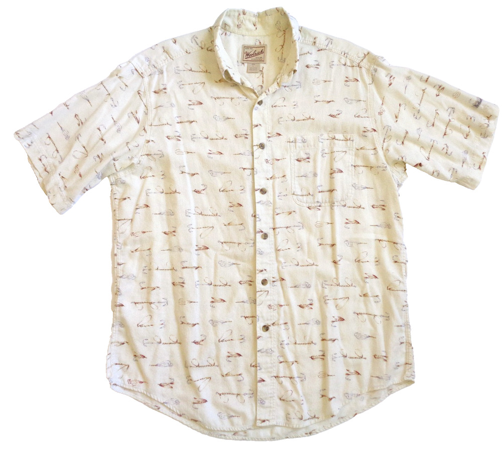Woolrich Shirt Men's L Fishing Lure Cream Cotton Boating Coastal Outdoor Peru